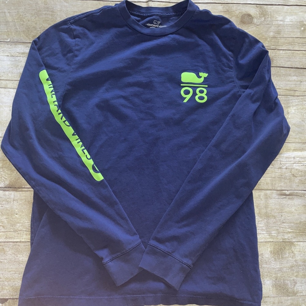 Vineyard Vines T-Shirt Size Xl 18 Long Sleeves Pocket‎ Logo Euc 98, Navy Lime